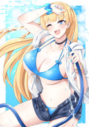 Rule 34 | 1girl, ;d, arm up, bikini, black choker, blonde hair, blue bikini, blue eyes, blue shorts, borrowed character, breasts, choker, cleavage, commentary request, cowboy shot, denim, denim shorts, floating hair, gudon (iukhzl), halterneck, highres, holding, hose, jacket, large breasts, lina (michihasu), long hair, looking away, multicolored nails, nail polish, navel, one eye closed, open clothes, open fly, open jacket, open mouth, original, scrunchie, short shorts, shorts, smile, solo, stomach, string bikini, swimsuit, thighs, water, wet, white jacket, wrist scrunchie