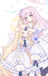Rule 34 | 2girls, angel wings, animal, animal ear fluff, animal ears, bird, blonde hair, blue archive, blush, closed eyes, closed mouth, detached sleeves, dress, flower, fox ears, hair bun, hair flower, hair ornament, halo, highres, looking at viewer, mika (blue archive), multiple girls, open mouth, pantyhose, pink hair, pink halo, pout, purple flower, sateto (user knrf2332), seia (blue archive), simple background, single side bun, sleeves past fingers, sleeves past wrists, striped clothes, striped pantyhose, translation request, vertical-striped clothes, vertical-striped pantyhose, white background, white bird, white dress, white pantyhose, white wings, wings, yellow eyes, yellow halo
