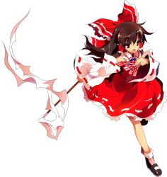Rule 34 | 1girl, alphes, ascot, bow, brown eyes, brown hair, detached sleeves, female focus, full body, game cg, gohei, hair bow, hair ornament, hair tubes, hakurei reimu, holding, hopeless masquerade, long hair, mary janes, official art, ofuda, open mouth, shirt, shoes, skirt, skirt set, socks, solo, touhou, transparent background, wide sleeves