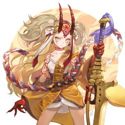 Rule 34 | 1girl, artist name, bad id, bad twitter id, bare shoulders, closed mouth, collarbone, cowboy shot, dated, facial mark, fate/grand order, fate (series), hair ornament, holding, holding sword, holding weapon, horns, ibaraki douji (fate), japanese clothes, kimono, long hair, long sleeves, looking at viewer, neck tattoo, off shoulder, oni, oni horns, rke, serious, shoulder tattoo, signature, simple background, solo, standing, sword, tattoo, very long hair, weapon, whisker markings, white background, wide sleeves, yellow eyes, yellow kimono