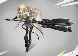 Rule 34 | 1girl, armor, armored boots, black pantyhose, boots, braid, breasts, drei (heavily armed high school girls), dress, foreshortening, full body, gauntlets, green ribbon, grey dress, heavily armed high school girls, holding, holding weapon, jacket, leaning forward, light brown hair, looking at viewer, medium breasts, neck ribbon, neco, open clothes, open jacket, original, pantyhose, ribbon, school uniform, short dress, single braid, solo, staff, standing, weapon, yellow eyes