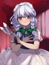 Rule 34 | 1girl, absurdres, apron, blue dress, blush, bow, braid, closed mouth, crossed arms, dress, embodiment of scarlet devil, green bow, grey hair, gunnjou yosio, hair bow, highres, holding, holding knife, indoors, izayoi sakuya, knife, looking at viewer, maid headdress, parody, red eyes, short sleeves, smile, solo, touhou, twin braids