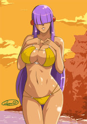 Rule 34 | 1girl, bikini, breast hold, breast suppress, breasts, capcom, contrapposto, covered erect nipples, curvy, derivative work, hair over eyes, large breasts, layer (mega man), lips, long hair, mega man (series), mega man x (series), mole, mole under eye, purple hair, smile, solo, standing, swimsuit, very long hair, yellow bikini