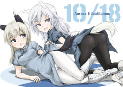 Rule 34 | 2girls, adapted costume, all fours, alternate costume, animal ears, ass, aurora e. juutilainen, bad id, bad pixiv id, black legwear, blush, boots, breasts, character name, china dress, chinese clothes, crotch seam, dakku (ogitsune), dated, dress, eila ilmatar juutilainen, long hair, lying, medium breasts, multiple girls, on side, panties, panties under pantyhose, pantyhose, purple eyes, siblings, silver hair, sisters, smile, strike witches, tail, underwear, white legwear, world witches series