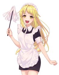 Rule 34 | 1girl, :d, absurdres, apron, bang dream!, blonde hair, breasts, commentary request, cowboy shot, diagonal bangs, duster, frilled apron, frills, head tilt, highres, long hair, looking at viewer, maid, maid apron, maid headdress, medium breasts, open mouth, persimmon2, short sleeves, sidelocks, smile, solo, standing, teeth, tsurumaki kokoro, upper teeth only, very long hair, white background, wing collar, yellow eyes