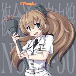 Rule 34 | 1girl, 547th sy, alternate costume, arrow (symbol), text background, black necktie, blue eyes, brown hair, commentary request, embarrassed, grey background, highres, kantai collection, kumano (jmsdf), kumano (kancolle), long hair, looking at viewer, military, military uniform, naval uniform, necktie, ponytail, solo, torch, uniform, wavy mouth