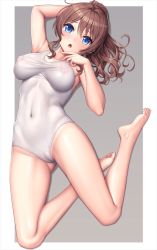 Rule 34 | 1girl, arm behind head, arm up, armpits, bang dream!, bare arms, bare legs, bare shoulders, barefoot, blue eyes, border, breasts, brown hair, cameltoe, chestnut mouth, cleft of venus, covered erect nipples, covered navel, full body, gluteal fold, gradient background, grey background, groin, hair between eyes, hair spread out, hand to own mouth, hand up, lambda (kusowarota), legs, light blush, long hair, looking at viewer, lying, medium breasts, nipples, on back, one-piece swimsuit, outside border, parted lips, ponytail, school swimsuit, see-through, sidelocks, skin tight, solo, swimsuit, thighs, toes, wavy hair, white border, white one-piece swimsuit, yamabuki saya