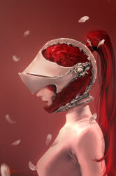Rule 34 | 1girl, absurdres, breasts, closed mouth, commentary, covered eyes, english commentary, facing ahead, falling petals, from side, grey shirt, helmet, high ponytail, highres, long hair, medium breasts, mole, mole on neck, nixeu, original, petals, profile, red background, red hair, red lips, shirt, signature, solo, turtleneck, upper body
