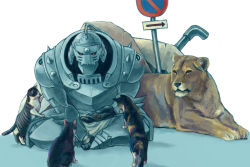 Rule 34 | 00s, 1boy, alphonse elric, armor, cat, feeding, fullmetal alchemist, lead pipe, lion, male focus, mukuo, red eyes, road sign, sign, sitting, solo, weapon
