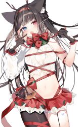 Rule 34 | 1girl, absurdres, animal ear fluff, animal ears, antlers, bare shoulders, bell, black gloves, black hair, blue eyes, blush, bow, bowtie, braid, breasts, cat ears, christmas, clothing cutout, cowboy shot, crop top, fake antlers, frills, garter straps, gloves, hairband, hands up, heterochromia, highres, horns, jingle bell, layered skirt, long hair, long sleeves, looking at viewer, medium breasts, midriff, miniskirt, multicolored hair, navel, nukota natsuna, open mouth, pantyhose, red bow, red bowtie, red eyes, red ribbon, red skirt, reindeer antlers, ribbon, shirt, signature, simple background, single thighhigh, skirt, small breasts, solo, stomach, tamafurin, thighhighs, thighs, very long hair, white background, white shirt