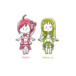 Rule 34 | 2girls, absurdres, ahoge, azuki (vocaloid4), character name, chibi, dress, full body, green hair, hair ornament, hairclip, highres, kobayashi matcha, long hair, masaoka azuki, matcha (vocaloid4), multiple girls, one side up, ponytail, red hair, simple background, smile, solid oval eyes, souda (jajajajaaaan), vocaloid, white background