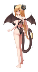 Rule 34 | 1girl, absurdres, ass, barefoot, black one-piece swimsuit, blonde hair, blush, closed mouth, commission, darkswan, demon girl, demon horns, demon tail, demon wings, feet, from behind, full body, highres, horns, long hair, one-piece swimsuit, original, pointy ears, simple background, standing, swimsuit, tail, white background, wings