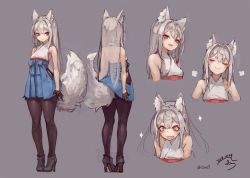 Rule 34 | + +, 1girl, animal ear fluff, animal ears, back, backless outfit, bare shoulders, black footwear, black gloves, black pantyhose, black skirt, blush, breasts, commentary request, dated, fang, fox ears, fox girl, fox tail, full body, gloves, grey background, hair between eyes, high heels, japanese clothes, long hair, looking at viewer, multiple views, original, pantyhose, red eyes, short eyebrows, signature, silver hair, simple background, skirt, sleeveless, small breasts, smile, smug, standing, suzuno (bookshelf), tail, thick eyebrows, twitter username