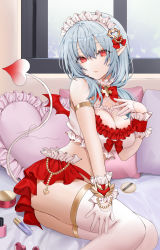 Rule 34 | 1girl, armlet, blue hair, bow, bowtie, breasts, cleavage, collar, commentary, commission, compact (cosmetics), cosmetics, demon tail, demon wings, feet out of frame, frilled collar, frilled gloves, frilled hairband, frilled shirt, frilled skirt, frills, gloves, hair between eyes, hairband, hand on own chest, hand on own thigh, highres, indoors, korean commentary, large breasts, lipstick tube, lloule, long hair, looking at viewer, nail polish bottle, original, pillow, pixiv commission, pointy ears, red bow, red bowtie, red eyes, red skirt, red wings, shirt, signature, skirt, sleeveless, sleeveless shirt, solo, tail, thighhighs, thighlet, white gloves, white hairband, white shirt, white tail, white thighhighs, window, wings