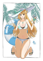Rule 34 | 1girl, absurdres, alternate costume, aotsuba, bare legs, bare shoulders, bikini, blonde hair, breasts, chest jewel, commentary request, food, full moon, hat, highres, holding, holding food, holding ice cream, holding swim ring, ice cream, innertube, jewelry, kneeling, knees together feet apart, large breasts, long hair, looking at viewer, moon, mythra (xenoblade), navel, sandals, solo, sun hat, swept bangs, swim ring, swimsuit, tiara, very long hair, white bikini, xenoblade chronicles (series), xenoblade chronicles 2, yellow eyes
