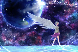 Rule 34 | 1girl, angel wings, barefoot, clothes lift, dress, dress lift, earth (planet), feathered wings, feathers, from side, full body, jacket, kakao (noise-111), kishin sagume, lifted by self, long sleeves, open clothes, open jacket, planet, profile, purple dress, red eyes, silver hair, single wing, solo, space, touhou, walking, walking on liquid, white jacket, white wings, wings