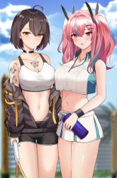 Rule 34 | 2girls, ahoge, azur lane, baltimore (azur lane), baltimore (black ace) (azur lane), bare arms, bare shoulders, bike shorts, black choker, black jacket, black shorts, bottle, braid, breasts, bremerton (azur lane), bremerton (scorching-hot training) (azur lane), brown hair, choker, cleavage, collarbone, crop top, crop top overhang, hair ornament, hairclip, highres, holding, jacket, jewelry, large breasts, long hair, long sleeves, looking at viewer, midriff, miniskirt, mole, mole under eye, multicolored hair, multiple girls, navel, necklace, off shoulder, official alternate costume, open clothes, open jacket, open mouth, pink eyes, pink hair, pleated skirt, shirt, short hair, short shorts, shorts, shoulder tattoo, skirt, sleeveless, sleeveless shirt, smile, sports bra, sportswear, standing, streaked hair, sweatband, tattoo, tennis uniform, thighs, tio (005), twintails, white shirt, white skirt, yellow eyes