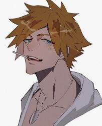 Rule 34 | 1boy, blue eyes, cigarette, collarbone, cropped shoulders, fate/grand order, fate (series), haruakira, highres, jacket, jewelry, looking at viewer, male focus, mouth hold, necklace, official alternate costume, orange hair, robin hood (fate), robin hood (summer hunter) (fate), short hair, simple background, solo, teeth hold, white background, white jacket