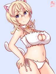 Rule 34 | 1girl, animal ears, artist logo, bell, blonde hair, blue eyes, bra, breasts, cat cutout, cat ear panties, cat ears, cat lingerie, cat tail, cleavage, cleavage cutout, clothing cutout, commentary request, cowboy shot, dated, frilled bra, frills, grey background, jingle bell, kanon (kurogane knights), kantai collection, large breasts, looking at viewer, medium hair, meme attire, neck bell, one-hour drawing challenge, panties, side-tie panties, simple background, smile, solo, tail, tuscaloosa (kancolle), underwear, underwear only, white bra, white panties