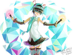 Rule 34 | 1girl, :d, anniversary, aqua hair, aqua necktie, artist name, black thighhighs, blouse, character name, daigoman, detached sleeves, hatsune miku, hatsune miku (vocaloid4), necktie, open mouth, outstretched arms, shirt, skirt, sleeveless, sleeveless shirt, smile, solo, spread arms, thighhighs, twintails, virtual reality, vocaloid, white shirt
