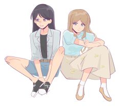 Rule 34 | 2girls, bang dream!, bang dream! it&#039;s mygo!!!!!, black footwear, black hair, black shirt, blue eyes, blue shirt, blue shorts, blush, brown footwear, brown hair, brown skirt, closed mouth, collared shirt, commentary request, crossed arms, frown, full body, highres, long hair, mole, mole under eye, multiple girls, nagasaki soyo, open clothes, open shirt, parted lips, purple eyes, shiina taki, shirt, shoes, short sleeves, shorts, simple background, sitting, skirt, sleeves rolled up, smile, sneakers, socks, takechi63, white background, white shirt, white socks