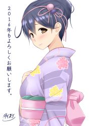 Rule 34 | 10s, 1girl, 2016, alternate hairstyle, blush, brown eyes, closed mouth, diisuke, floral print, folded ponytail, from side, hair between eyes, hair ornament, hair ribbon, japanese clothes, kantai collection, kimono, long sleeves, looking at viewer, looking to the side, obi, pink ribbon, ribbon, sash, short hair, smile, solo, translation request, upper body, ushio (kancolle), white background