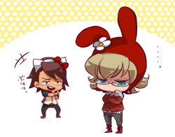 Rule 34 | ..., 00s, 10s, 2boys, animal ears, aqua eyes, bad id, bad pixiv id, barnaby brooks jr., belt, blonde hair, boots, bow, brown eyes, brown hair, rabbit ears, cat boy, cat ears, chibi, crossed arms, facial hair, flower, glasses, hat, hello kitty, jacket, jewelry, kaburagi t. kotetsu, laughing, male focus, multiple boys, my melody, necklace, necktie, nishiyama (whatsoy), onegai my melody, pout, red jacket, sanrio, short hair, stubble, studded belt, tears, thumbs up, tiger &amp; bunny, vest, waistcoat