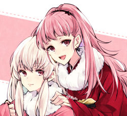 Rule 34 | 2girls, alternate costume, bad id, bad pixiv id, closed mouth, earrings, female focus, fire emblem, fire emblem: three houses, hilda valentine goneril, japanese clothes, jewelry, kimono, long hair, long sleeves, lysithea von ordelia, matching hair/eyes, multiple girls, naho (pi988y), nintendo, open mouth, pink eyes, pink hair, ponytail, simple background, smile, twitter username, upper body, white hair
