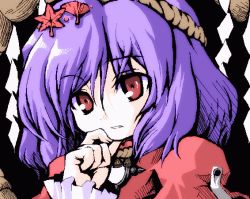 Rule 34 | 1girl, brooch, dress, female focus, gem, hair ornament, hairband, jewelry, leaf, leaf hair ornament, long sleeves, looking at viewer, non-web source, puffy long sleeves, puffy sleeves, purple hair, red dress, red eyes, rope, solo, touhou, upper body, yasaka kanako