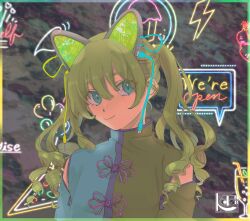 Rule 34 | 1girl, alcohol, animal ears, blue eyes, cable, cupcake, detached sleeves, english text, eyelashes, fake animal ears, food, glitch, green hair, grus (vrchat), hair between eyes, kotone0220, lightning bolt symbol, long hair, long sleeves, mosaic background, neon lights, pizza, smile, solo, speech bubble, twintails, vrchat, zipper