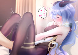 Rule 34 | 1boy, 1girl, bare arms, black legwear, black leotard, blue hair, blush, bodystocking, bodysuit, breasts, clenched teeth, closed eyes, female orgasm, fingering, ganyu (genshin impact), genshin impact, gold trim, highres, horns, leotard, leotard under clothes, long hair, looking at another, looking to the side, lying, medium breasts, nose blush, on back, orgasm, sleeveless, sopranino, tearing up, teeth, thighlet, twitching