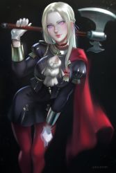 Rule 34 | 1girl, axe, blonde hair, blue eyes, cape, ascot, edelgard von hresvelg, fire emblem, fire emblem: three houses, fire emblem heroes, gloves, hair ornament, hair ribbon, highres, long hair, looking at viewer, nintendo, pantyhose, ragecndy, red cape, ribbon, simple background, smile, solo, uniform, weapon