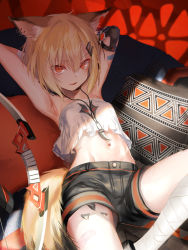 Rule 34 | 1girl, absurdres, animal ear fluff, animal ears, arknights, armpits, arms behind back, arms up, bandaged leg, bandages, bandaid, bandaid on arm, bandaid on leg, bare shoulders, black shorts, blonde hair, bow (weapon), breasts, commentary request, crop top, cushion, earrings, fangs, fox ears, fox girl, fox tail, hair between eyes, hair ornament, hairclip, highres, jewelry, lying, material growth, midriff, navel, notched ear, on back, orange eyes, originium (arknights), oripathy lesion (arknights), parted lips, partial commentary, pendant, pottsness, short hair, short shorts, shorts, sitting, small breasts, solo, stomach, strapless, tail, thighs, tsurime, tube top, vermeil (arknights), weapon