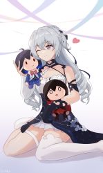 Rule 34 | 1girl, absurdres, black gloves, breasts, bronya zaychik, bronya zaychik (silverwing: n-ex), cleavage, closed mouth, doll, dress, drill hair, full body, gloves, grey eyes, grey hair, hair between eyes, hair ornament, heart, highres, holding, holding doll, honkai (series), honkai impact 3rd, looking at viewer, one eye closed, origami-hui, seele (alter ego), seele vollerei, seele vollerei (stygian nymph), seele vollerei (swallowtail phantasm), single glove, single sleeve, single thighhigh, sitting, smile, solo, thighhighs, twin drills, wariza, white dress, white sleeves, white thighhighs