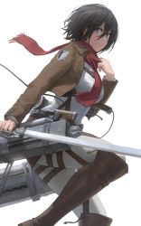 Rule 34 | 1girl, absurdres, black hair, blue eyes, boots, breasts, brown footwear, brown jacket, commentary, cropped jacket, emblem, free style (yohan1754), from side, hair between eyes, highres, holding, holding sword, holding weapon, jacket, knee boots, long sleeves, looking at viewer, looking to the side, medium breasts, mikasa ackerman, military, military uniform, open clothes, open jacket, pants, paradis military uniform, parted lips, red scarf, scarf, shingeki no kyojin, shirt, short hair, simple background, solo, sword, thigh strap, three-dimensional maneuver gear, uniform, weapon, white background, white pants, white shirt