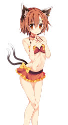 Rule 34 | 1girl, animal ears, bare shoulders, bell, neck bell, bikini, blush, blush stickers, bow, brown hair, cat ears, cat tail, chen, collar, earrings, flat chest, hair ornament, hairclip, hands up, highres, jewelry, jingle bell, looking at viewer, maturiuta sorato, multiple tails, navel, nekomata, no headwear, no headwear, red bikini, red eyes, short hair, simple background, single earring, solo, standing, stomach, swimsuit, tail, touhou, two tails, white background