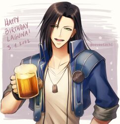 Rule 34 | 1boy, absurdres, alcohol, beer, beer mug, black gloves, black hair, blue jacket, commentary, cropped jacket, cup, dated, dog tags, drink, earrings, eeveetachi, final fantasy, final fantasy viii, fingerless gloves, gloves, green eyes, grey background, hair over one eye, hand up, happy birthday, highres, holding, holding drink, hoop earrings, jacket, jewelry, laguna loire, long hair, male focus, mug, necklace, open clothes, open jacket, open mouth, shirt, sleeves rolled up, smile, solo, twitter username, upper body, v-neck, white shirt