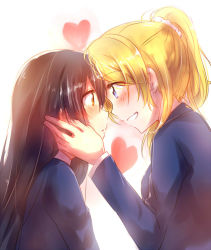 Rule 34 | 10s, 2girls, ayase eli, blazer, blonde hair, blue eyes, blue hair, blush, brown eyes, eye contact, hand on another&#039;s face, heart, long hair, looking at another, love live!, love live! school idol project, multiple girls, open mouth, ponytail, sakura ai ke, school uniform, short hair, smile, sonoda umi, yuri