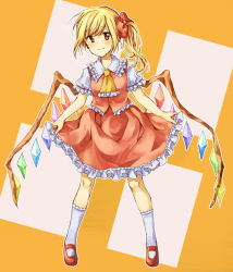 1girl bad_id bad_pixiv_id blonde_hair female_focus flandre_scarlet kutsushita kutsushita_(tokati_r) no_headwear no_headwear ponytail red_eyes short_hair side_ponytail solo touhou wings