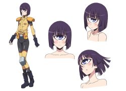 Rule 34 | 10s, 1girl, blue eyes, blush, boots, breasts, character sheet, collarbone, concept art, cyclops, elbow pads, expressions, facial expressions, fingerless gloves, full body, gloves, knee pads, manako, monster girl, monster musume no iru nichijou, multiple views, official art, one-eyed, purple hair, shoulder pads, simple background, small breasts, uniform, white background