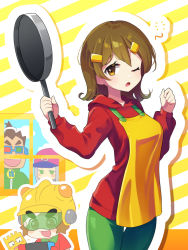 Rule 34 | 13-amp, 18-volt, 2boys, 2girls, 5-volt, 9-volt, absurdres, apron, brown eyes, brown hair, fronk, frying pan, green eyes, grey hair, hair ornament, hairclip, highres, holding, holding frying pan, hood, hood down, hoodie, long hair, long sleeves, looking at another, looking at viewer, looking away, multiple boys, multiple girls, nintendo, nintendo switch, offbeat, parted lips, red hoodie, short hair, warioware, window, yellow apron