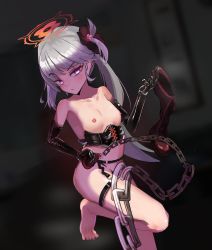 Rule 34 | 1girl, absurdres, barefoot, blue archive, blush, boots, unworn boots, breasts, chain, dominatrix, elbow gloves, feet, gloves, grey hair, halo, highres, leash, long hair, looking at viewer, mutsuki (blue archive), nipples, purple eyes, shoes, unworn shoes, side ponytail, single shoe, toes, topless