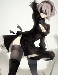 Rule 34 | 1girl, arm up, black dress, black footwear, black thighhighs, blindfold, boots, breasts, cleavage, closed mouth, dress, feather-trimmed sleeves, grey hair, hairband, highres, holding, holding sword, holding weapon, jne, juliet sleeves, legs apart, long sleeves, medium breasts, mole, mole under mouth, nier:automata, nier (series), parted lips, puffy sleeves, short dress, side slit, solo, sword, thigh boots, thighhighs, weapon, 2b (nier:automata)