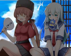 Rule 34 | 2girls, anchor symbol, belt, black belt, black bow, black headwear, black skirt, blouse, blue eyes, blue sailor collar, blue skirt, blue sky, blurry, bow, brown hair, closed eyes, cloud, depth of field, fur hat, hair bow, hand fan, hat, hibiki (kancolle), highres, juice box, kantai collection, long hair, low twintails, mouth hold, multiple girls, neckerchief, papakha, paper fan, pleated skirt, red neckerchief, red shirt, sailor collar, shirt, shonasan, silver hair, sitting, skirt, sky, smile, star (symbol), tashkent (kancolle), twintails, uchiwa, wind chime