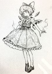 Rule 34 | 1girl, blush, bow, bowtie, cirno, closed mouth, full body, greyscale, hair bow, highres, ice, ice wings, loafers, mashimashi, monochrome, pleated skirt, shoes, short hair, short sleeves, skirt, smile, solo, standing, touhou, traditional media, wings