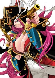 Rule 34 | 10s, 1girl, antique firearm, blue eyes, breasts, cleavage, fate/extra, fate/grand order, fate (series), firearm, firelock, flintlock, francis drake (fate), francis drake (third ascension) (fate), grin, gun, hat, large breasts, long hair, looking at viewer, pink hair, pirate hat, scar, simple background, smile, solo, weapon, white background, yukiyanagi
