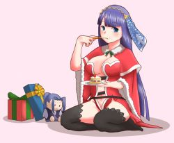 Rule 34 | 1girl, bad id, bad pixiv id, black thighhighs, blue hair, blush, breasts, cake, capelet, center opening, character doll, christmas, cleavage, fate/grand order, fate/stay night, fate (series), female focus, food, food on face, fork, full body, fur trim, gift, green ribbon, groin, holding, holding plate, large breasts, long hair, looking at viewer, martha (fate), navel, pink background, plate, raka (pkspyellow), ribbon, sasaki kojirou (fate), seiza, simple background, sitting, solo, stomach, thighhighs, tiara, very long hair, yellow ribbon