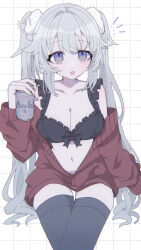 Rule 34 | 1girl, ahoge, beer can, bikini, bikini top only, blush, breasts, can, cardigan, cleavage, drink can, fang, frilled bikini top, grey hair, grid background, hair ornament, heart, heart ahoge, highres, holding, holding can, large breasts, long hair, long sleeves, looking to the side, navel, open mouth, original, purple eyes, solo, swimsuit, thigh gap, thighhighs, twintails, very long hair, yakitori egg