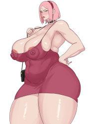 Rule 34 | 1girl, angry, areola slip, armpits, bare shoulders, boruto: naruto next generations, breasts, cleavage, cyberboi, dress, facial mark, forehead jewel, forehead mark, green eyes, hairband, haruno sakura, highres, huge breasts, large breasts, lipstick, looking at viewer, makeup, mature female, nail polish, naruto (series), nipples visible through clothes, pink hair, red dress, red hairband, red nails, short hair, simple background, tagme, thick thighs, thighs, underarm, white background, wide hips