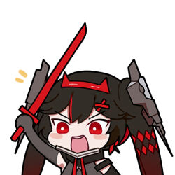 1girl black_hair bright_pupils chibi chibi_only chinese_commentary commentary_request euyueuy gradient_hair hair_between_eyes hair_ornament holding holding_sword holding_weapon horn_hairband horns katana looking_ahead lucia:_dawn_(pgr) lucia_(pgr) multicolored_hair official_art open_mouth punishing:_gray_raven red_eyes red_hair red_horns simple_background solo sword upper_body v-shaped_eyebrows weapon white_background white_pupils x_hair_ornament